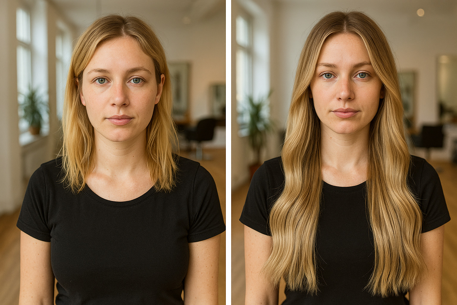 Vorher–Nachher: natürliche Haarverlängerung oder Verdichtung im Tageslicht