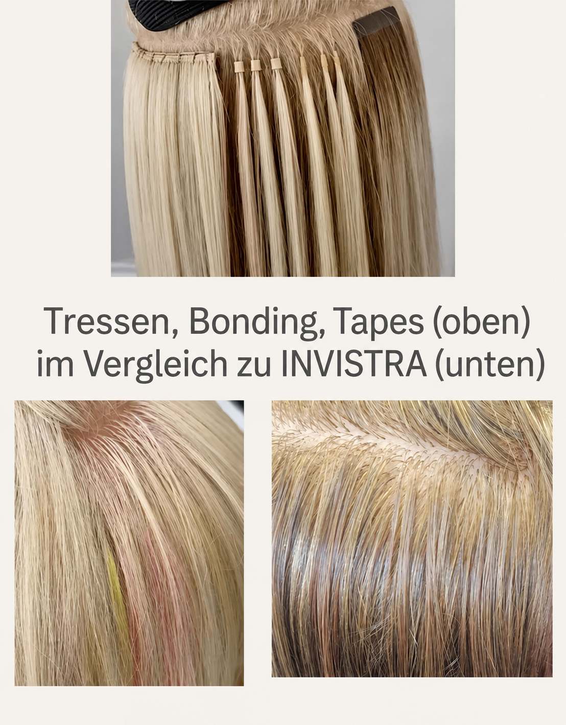 Grafik mit den Vorteilen einer Haarverlängerungs-Methode auf einem Hintergrund mit Haarsträhnen und Befestigungselementen.